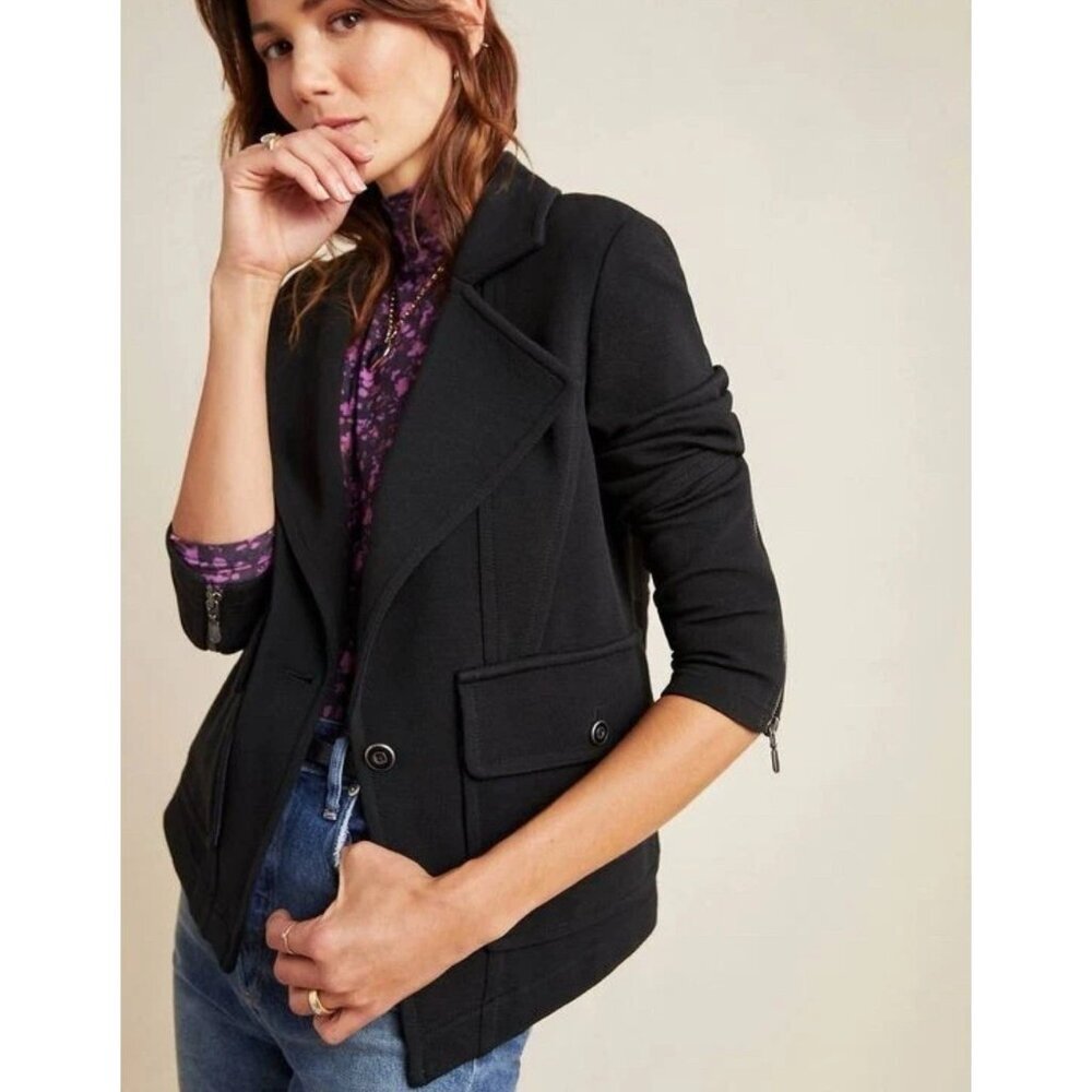 By Anthropologie Black Sylvia Knit Moto Blazer Women's Sz S Preppy Long Sleeves